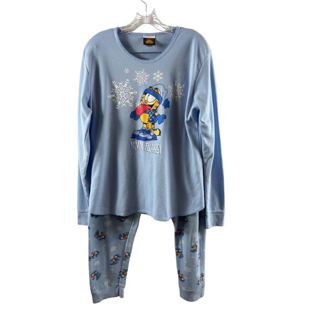 Vintage Garfield Mmm...Flakey Winter Snowflake Pajama Set Womens XL Light Blue